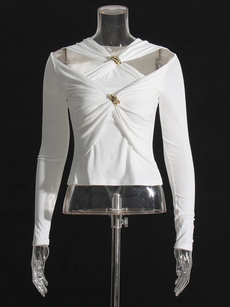 TWOTWINSTYLE  Slimming T Shirts For Women Hollow Out Irregular Collar Long Sleeve Fashion New