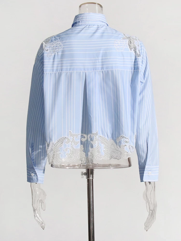 TWOTWINSTYLE   Lace Shirt For Women Lapel Long Sleeve Single Breasted Irregular Hem Fashion Clothing