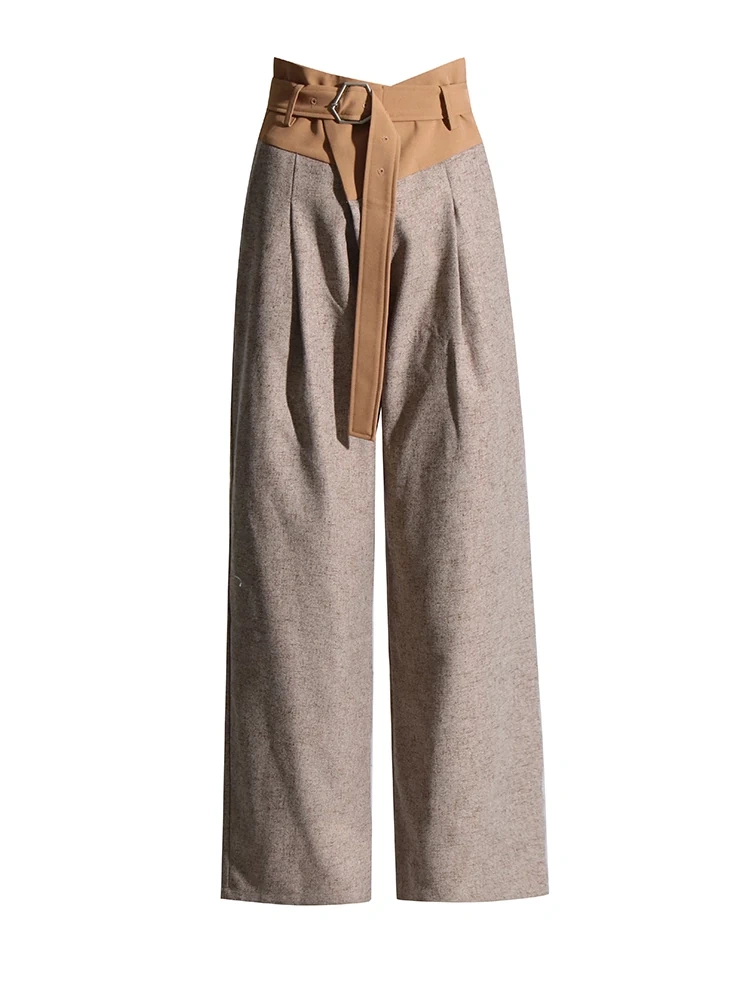 TWOTWINSTYLE  Spliced Belt Pants For Women High Waist Patchwork Button Casual Loose Wide Leg Clothing