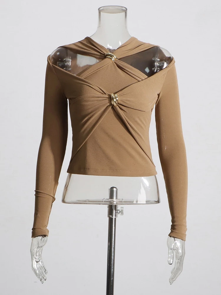 TWOTWINSTYLE  Slimming T Shirts For Women Hollow Out Irregular Collar Long Sleeve Fashion New