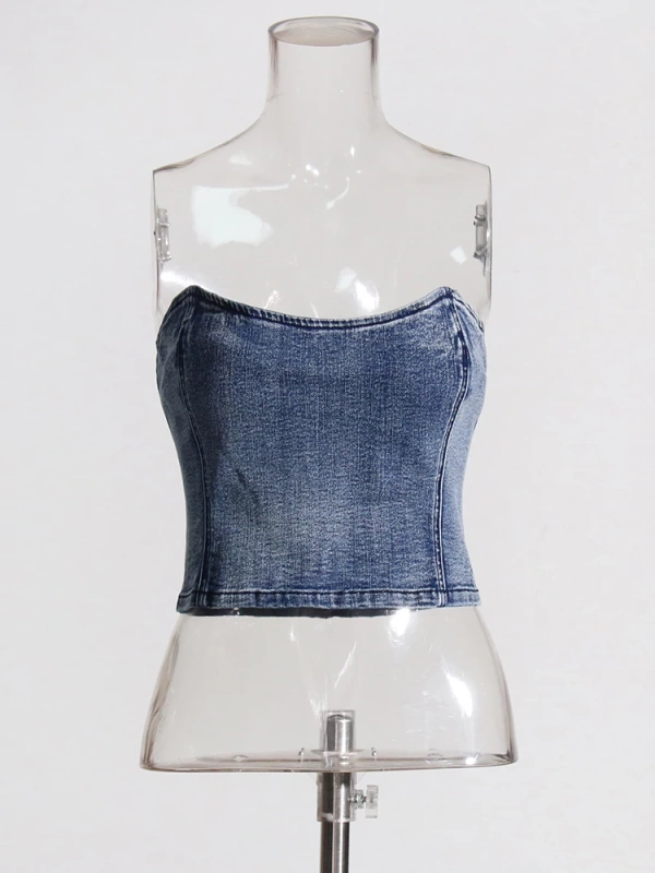 TWOTWINSTYLE Denim Solid Tank Tops For Women Strapless Sleeveless Slim Backless Fashion Clothing