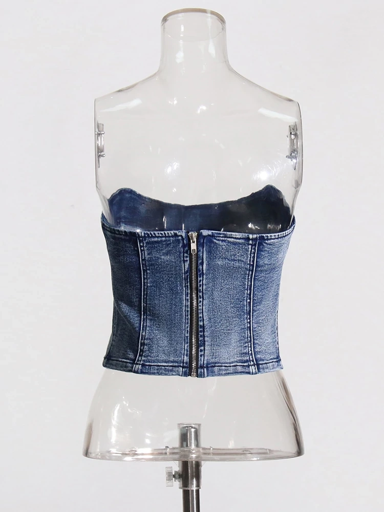 TWOTWINSTYLE Denim Solid Tank Tops For Women Strapless Sleeveless Slim Backless Fashion Clothing