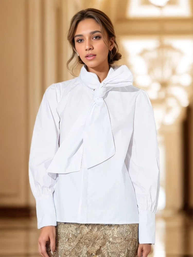 TWOTWINSTYLE Solid  blouse For Women Scarf Colllar Folds Casual Shirt Fashion Clothing