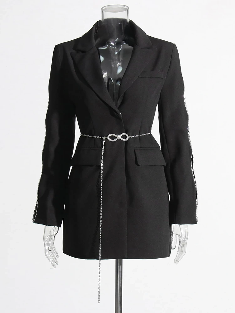 TWOTWINSTYLE Womens Blazer Diamonds Hollow Out Spliced Chain Fashion Clothing