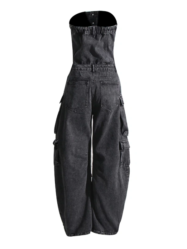 TWOTWINSTYLE Spliced Denim Jumpsuits For Women Strapless Sleeveless High Waist  Pockets Clothing
