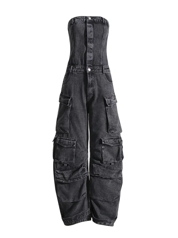 TWOTWINSTYLE Spliced Denim Jumpsuits For Women Strapless Sleeveless High Waist  Pockets Clothing