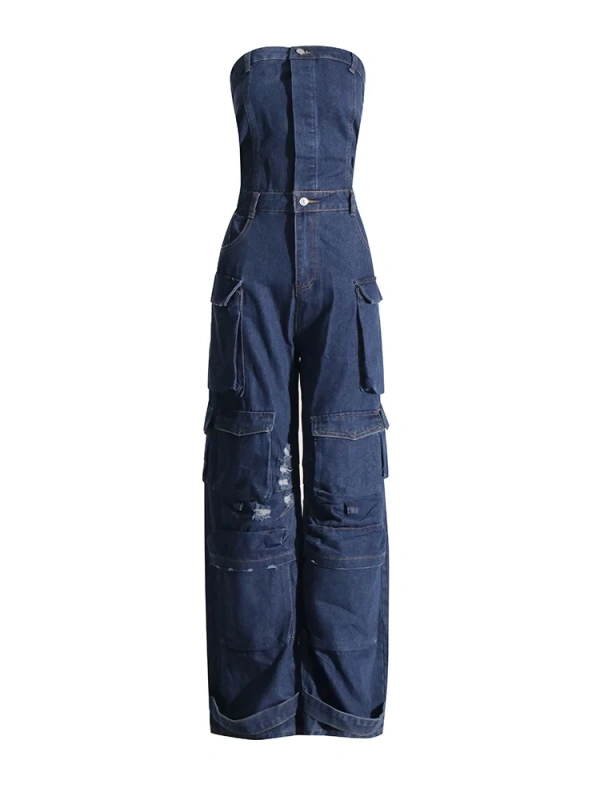 TWOTWINSTYLE Spliced Denim Jumpsuits For Women Strapless Sleeveless High Waist  Pockets Clothing