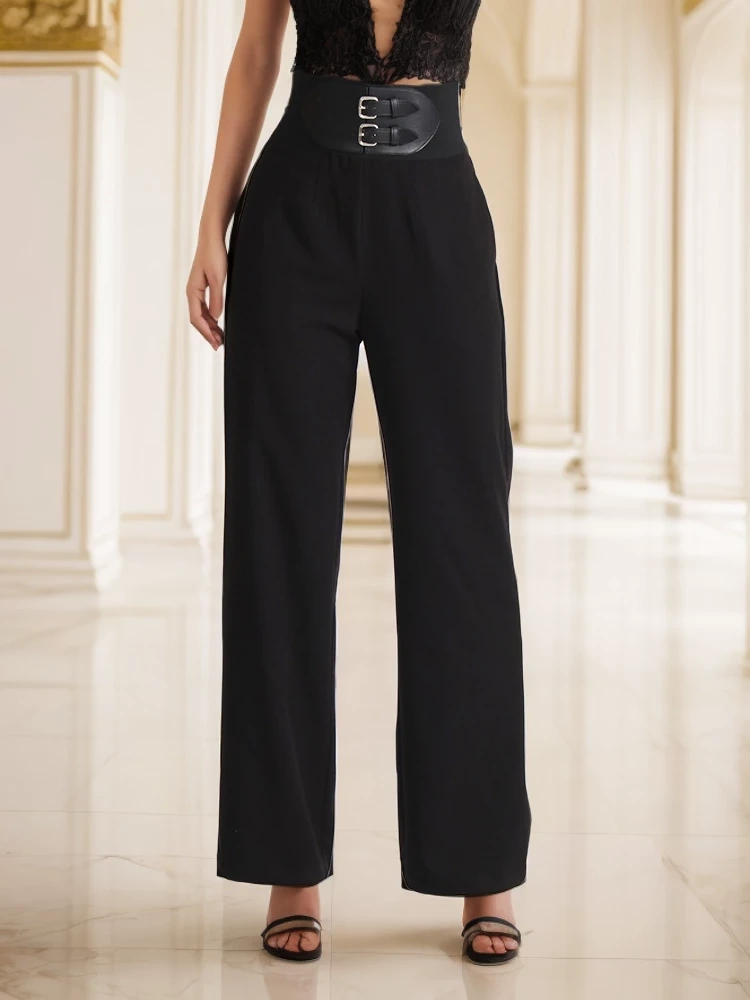 TWOTWINSTYLE  Minimalist Patchwork Belt Pants For Women High Waist Solid Summer  Fashion Clothing