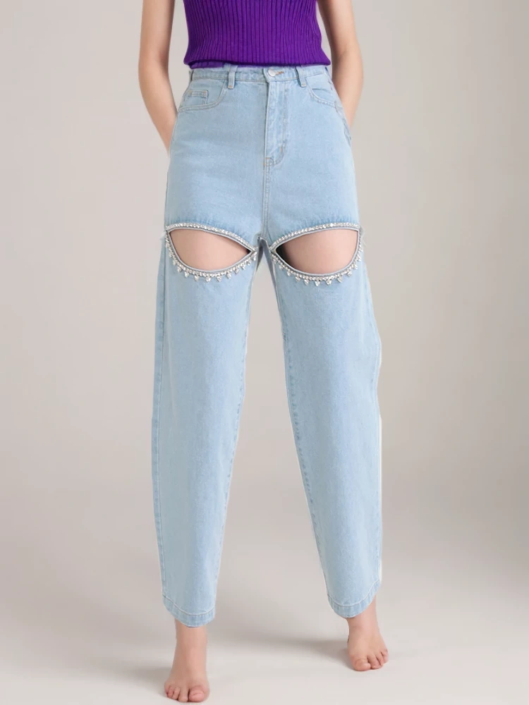 TWOTWINSTYLE Embroidered Flares Jeans For Women High Waist Patchwork Button Hollow Out Clothing