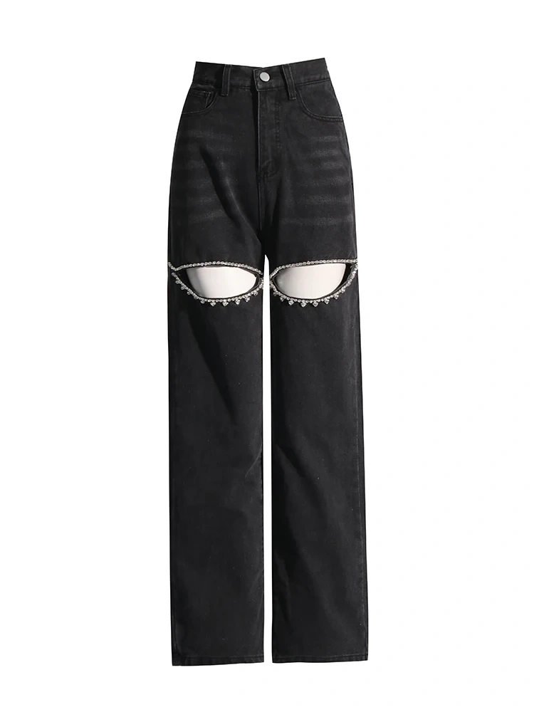 TWOTWINSTYLE Embroidered Flares Jeans For Women High Waist Patchwork Button Hollow Out Clothing