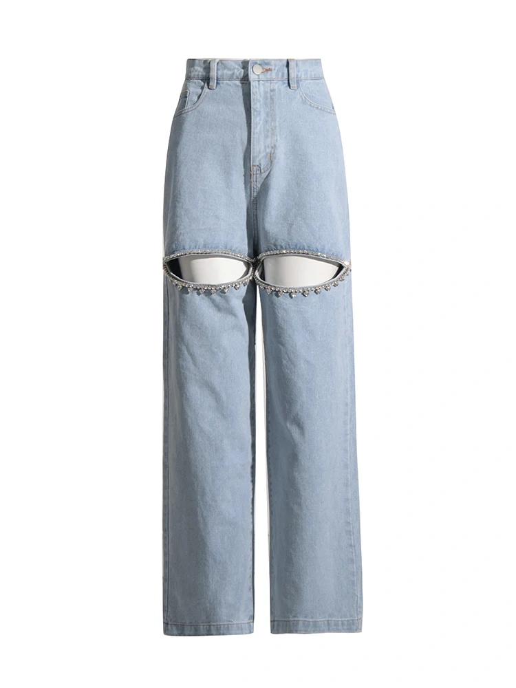 TWOTWINSTYLE Embroidered Flares Jeans For Women High Waist Patchwork Button Hollow Out Clothing