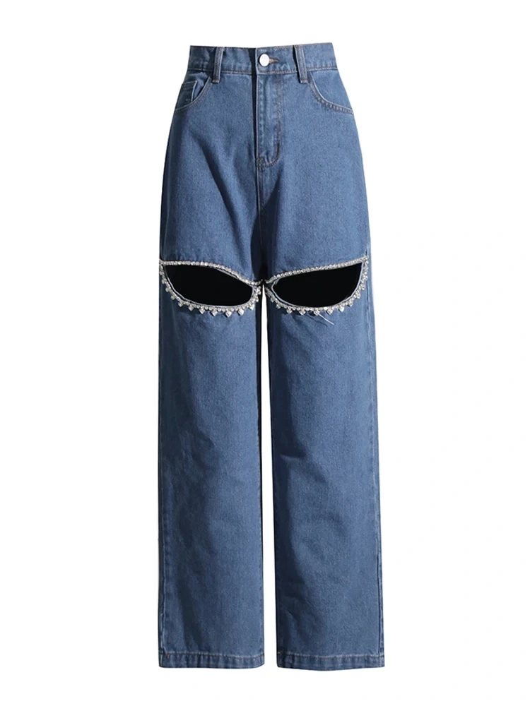 TWOTWINSTYLE Embroidered Flares Jeans For Women High Waist Patchwork Button Hollow Out Clothing