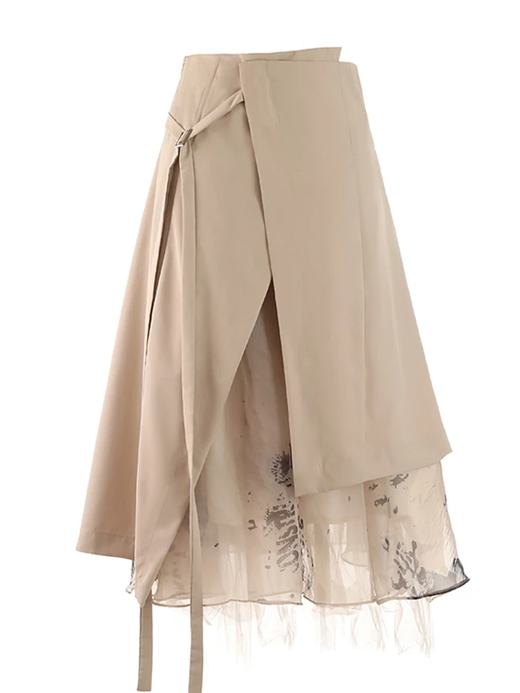 TWOTWINSTYLE Irregular Skirts For Women High Waist Patchwork Lace Up Clothing