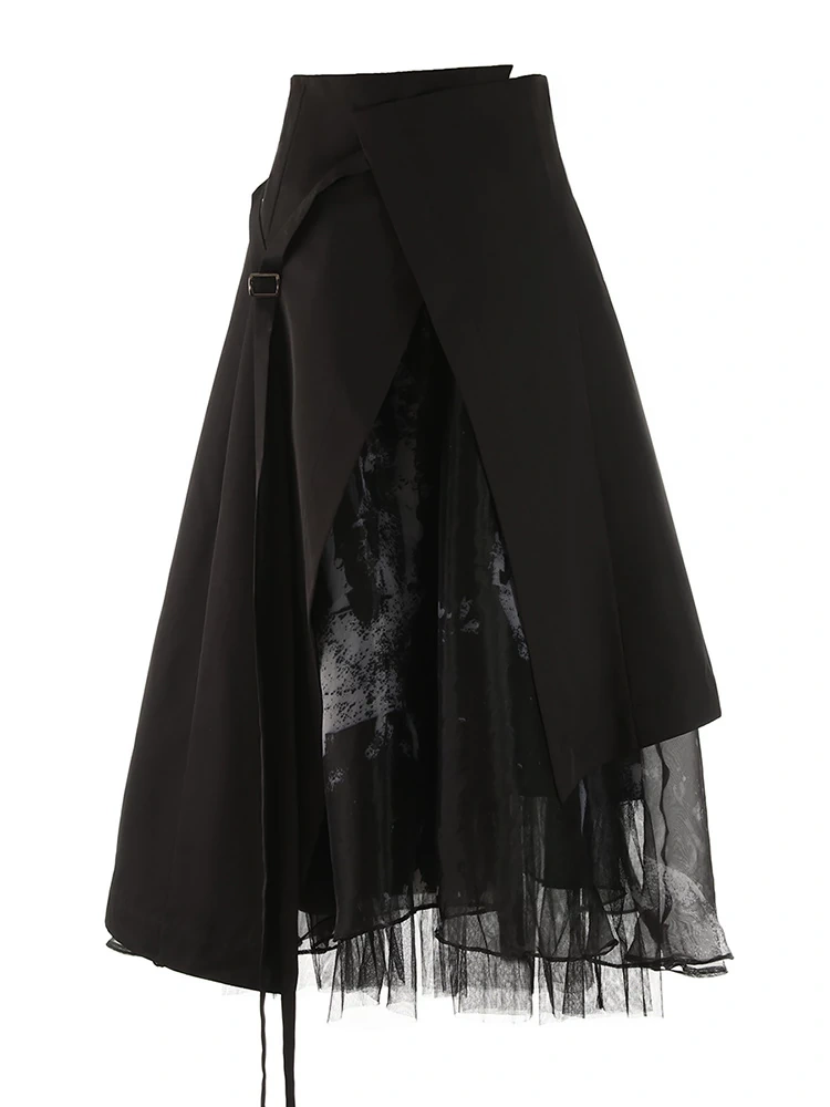 TWOTWINSTYLE Irregular Skirts For Women High Waist Patchwork Lace Up Clothing