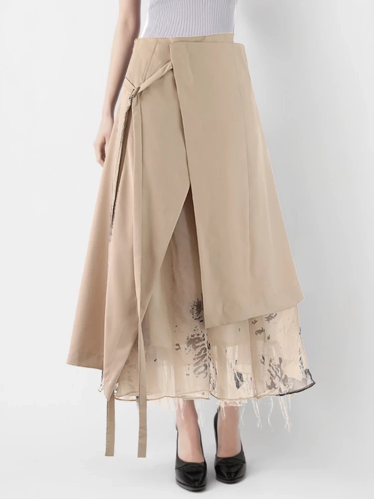 TWOTWINSTYLE Irregular Skirts For Women High Waist Patchwork Lace Up Clothing