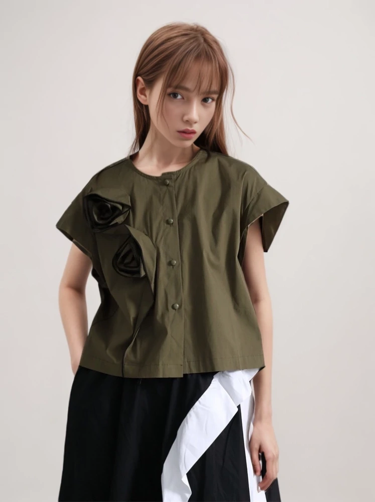 TWOTWINSTYLE Patchwork Appliques Shirts For Women Round Neck Short Sleeve Spliced Single Breasted Casual Blouse Female Fashion