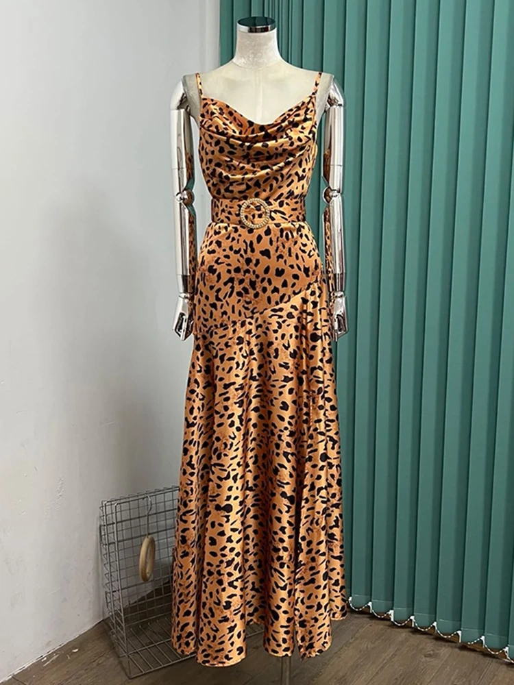 TWOTWINSTYLE Leopard Split Thigh Sexy Sling Dress For Women V Neck Sleeveless Fashion Clothing