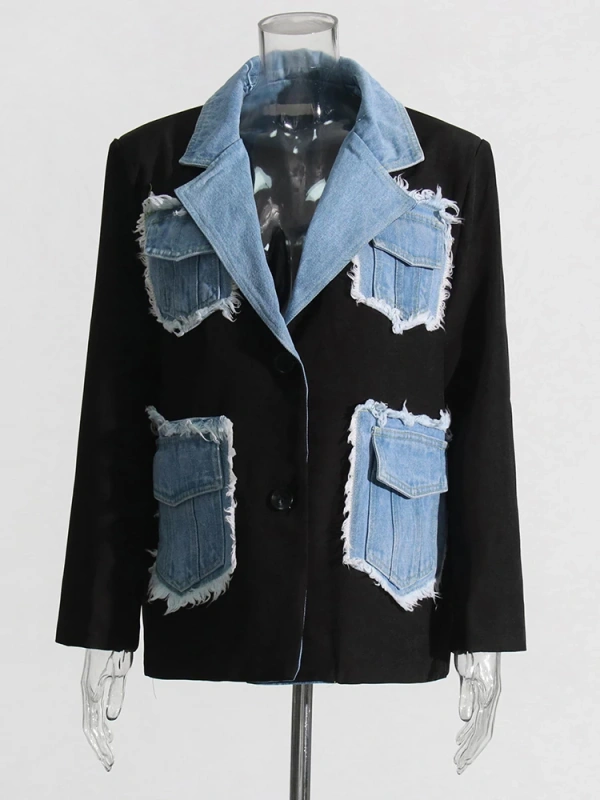 TWOTWINSTYLE  Patchwork Denim Jacket For Women Notched Collar Long Sleeve Spliced Pocket Clothing