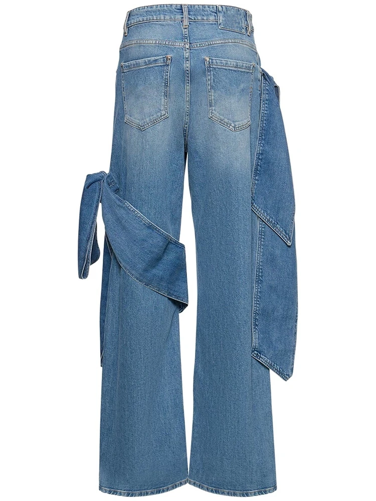 TWOTWINSTYLE  Patchwork Bowknot Chic Denim Pants For Women High Waist Spliced Pockets Fashion Clothing