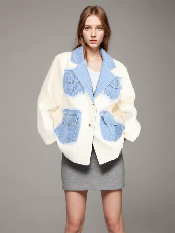 TWOTWINSTYLE  Patchwork Denim Jacket For Women Notched Collar Long Sleeve Spliced Pocket Clothing