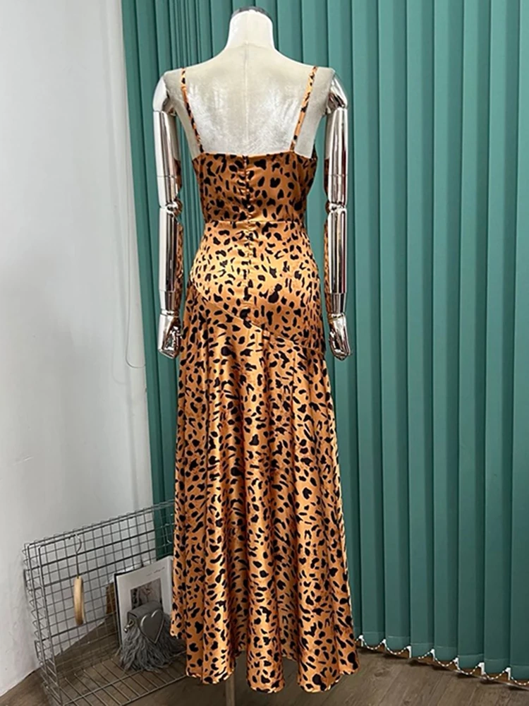 TWOTWINSTYLE Leopard Split Thigh Sexy Sling Dress For Women V Neck Sleeveless Fashion Clothing