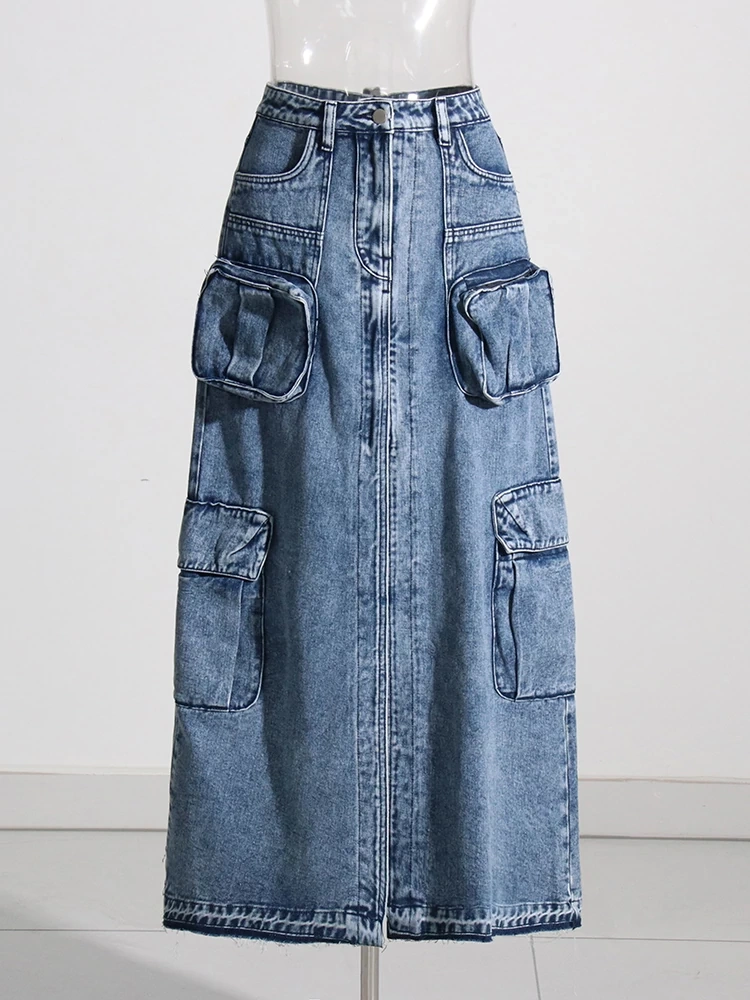 TWOTWINSTYLE Split Denim Skirts For Women High Waist Patchwork Pocket Fashion Clothing
