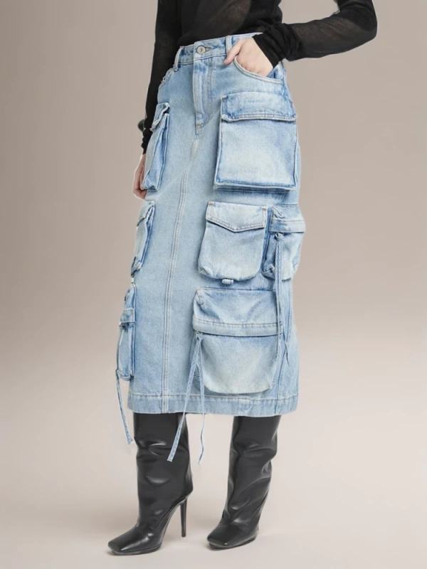 TWOTWINSTYLE   Pockets Midi Cargo Skirts For Women High Waist Spliced Drawstring Split Clothing