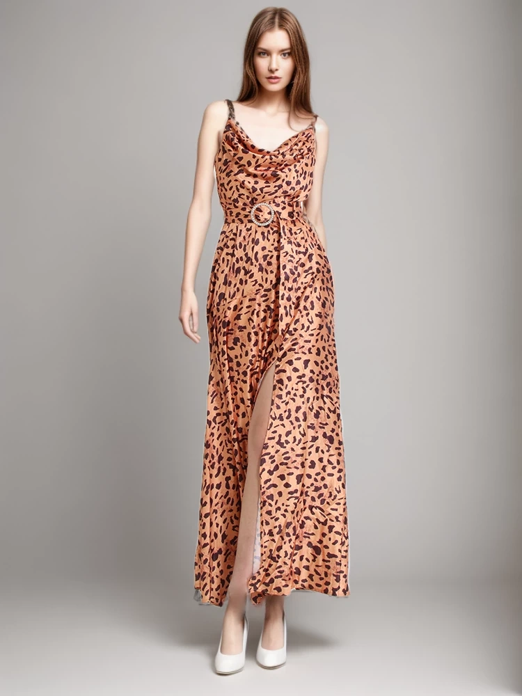 TWOTWINSTYLE Leopard Split Thigh Sexy Sling Dress For Women V Neck Sleeveless Fashion Clothing