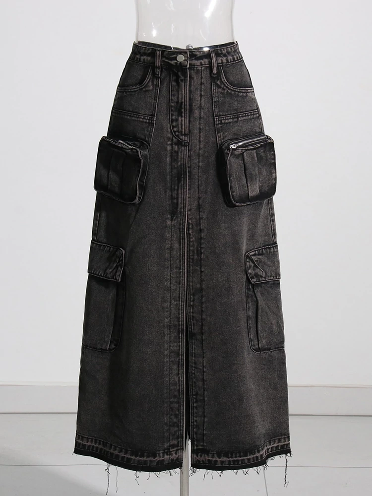 TWOTWINSTYLE Split Denim Skirts For Women High Waist Patchwork Pocket Fashion Clothing