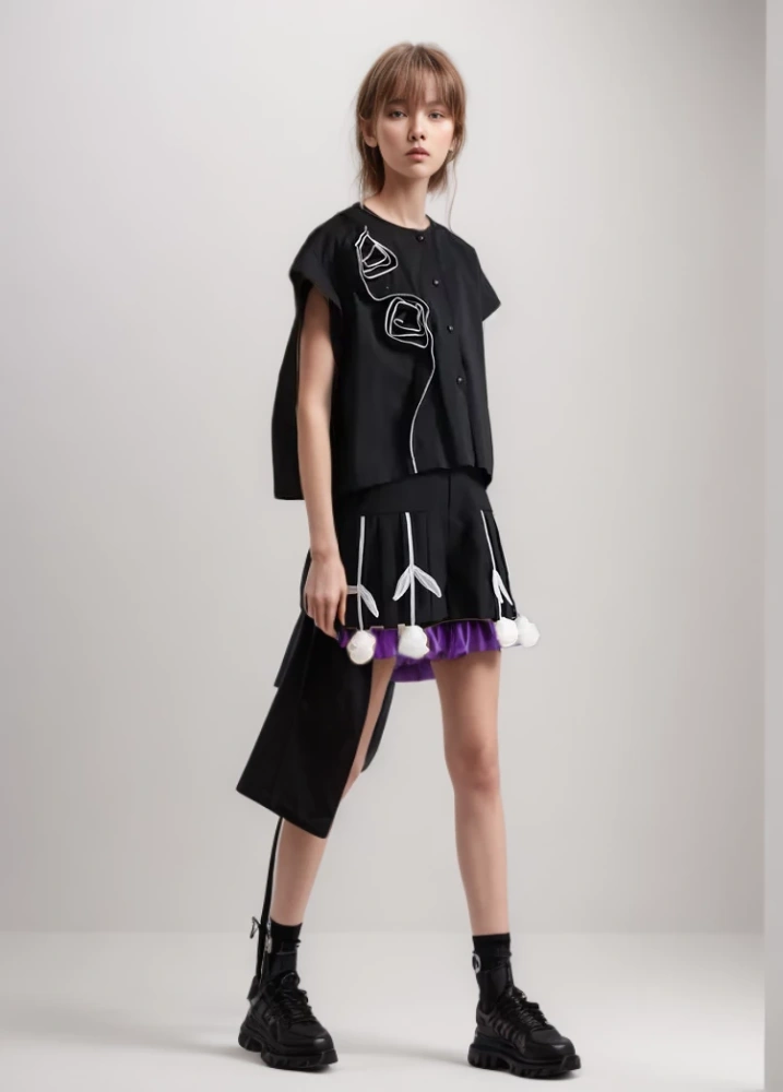 TWOTWINSTYLE Patchwork Appliques Shirts For Women Round Neck Short Sleeve Spliced Single Breasted Casual Blouse Female Fashion