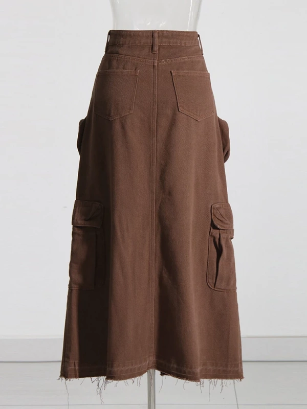 TWOTWINSTYLE Split Denim Skirts For Women High Waist Patchwork Pocket Fashion Clothing
