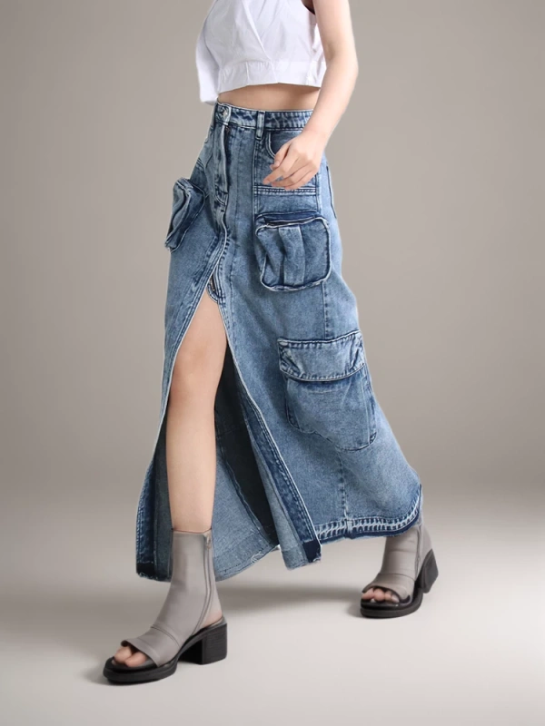 TWOTWINSTYLE Split Denim Skirts For Women High Waist Patchwork Pocket Fashion Clothing