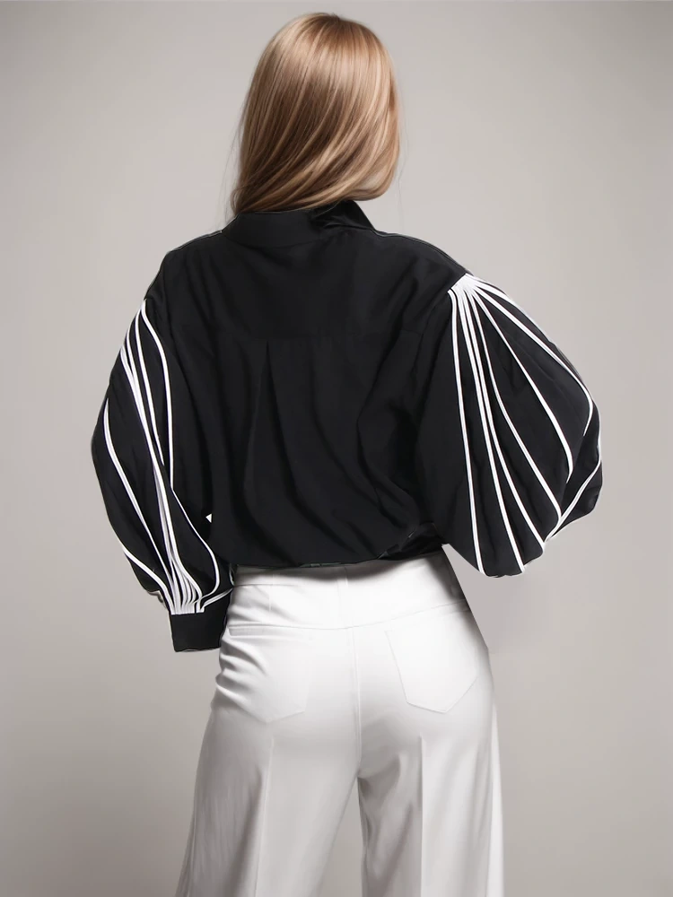 TWOTWINSTYLE Straight Patchwork Striped Shirt For Women Lapel Lantern Sleeve Fashion Clothing