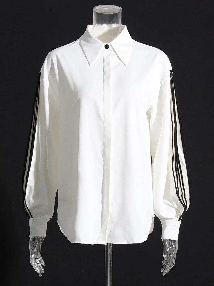 TWOTWINSTYLE Straight Patchwork Striped Shirt For Women Lapel Lantern Sleeve Fashion Clothing