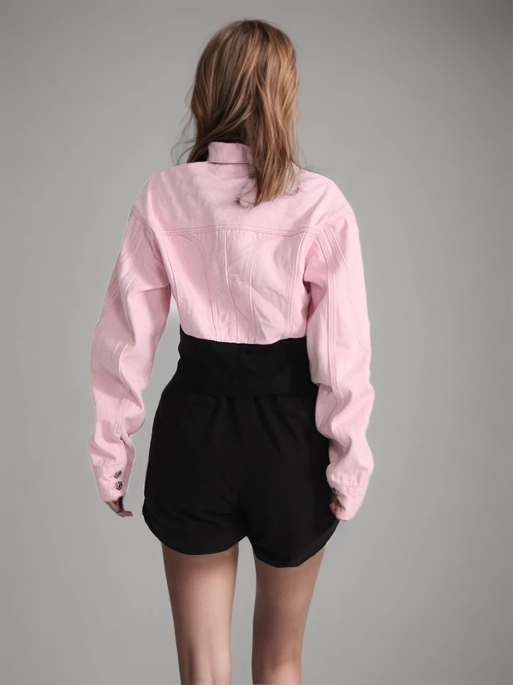 TWOTWINSTYLE Patchwork Button Denim Coats For Women Lapel Long Sleeve Casual Slimming Clothing