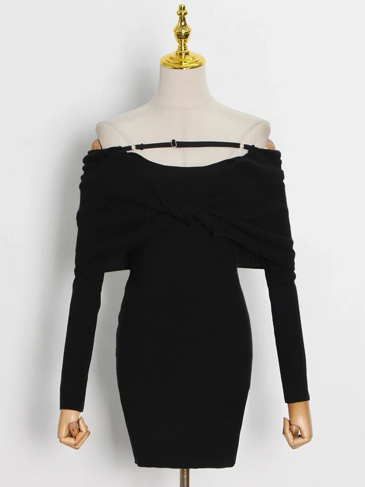 TWOTWINSTYLE Knitting Mini Dress For Women Slash Neck Long Sleeve  Clothing Autumn New