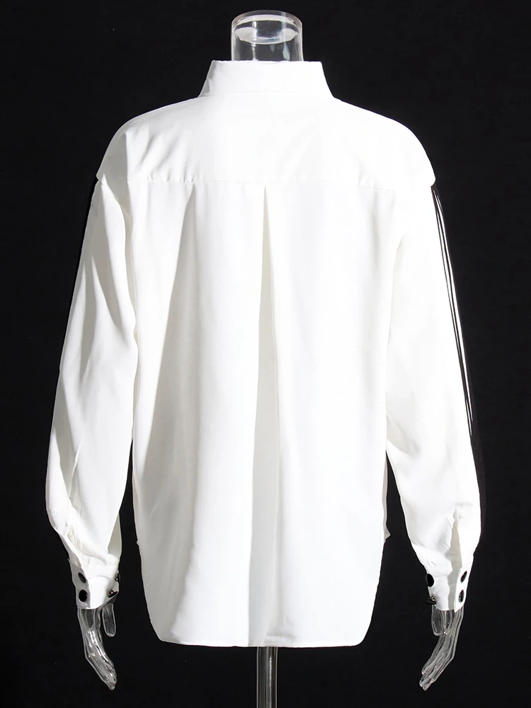 TWOTWINSTYLE Straight Patchwork Striped Shirt For Women Lapel Lantern Sleeve Fashion Clothing
