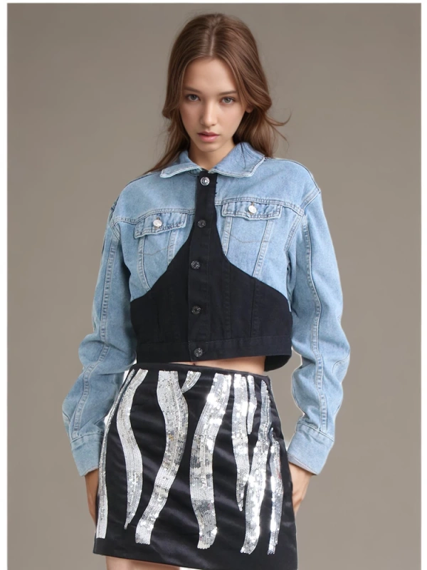 TWOTWINSTYLE Patchwork Button Denim Coats For Women Lapel Long Sleeve Casual Slimming Clothing
