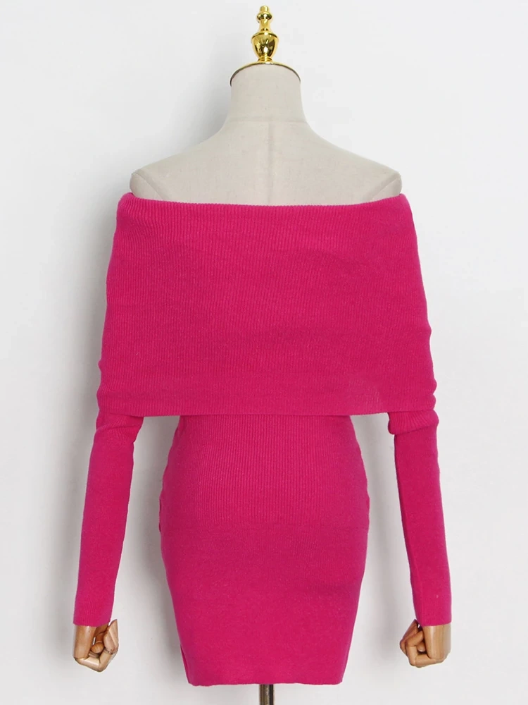 TWOTWINSTYLE Knitting Mini Dress For Women Slash Neck Long Sleeve  Clothing Autumn New