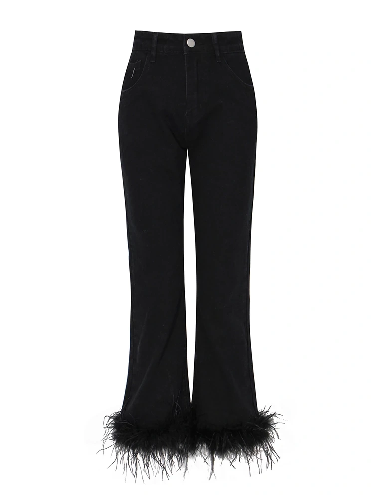 TWOTWINSTYLE  Patchwork Feathers Denim Pants For Women High Waist Long Straight Jeans Clothing