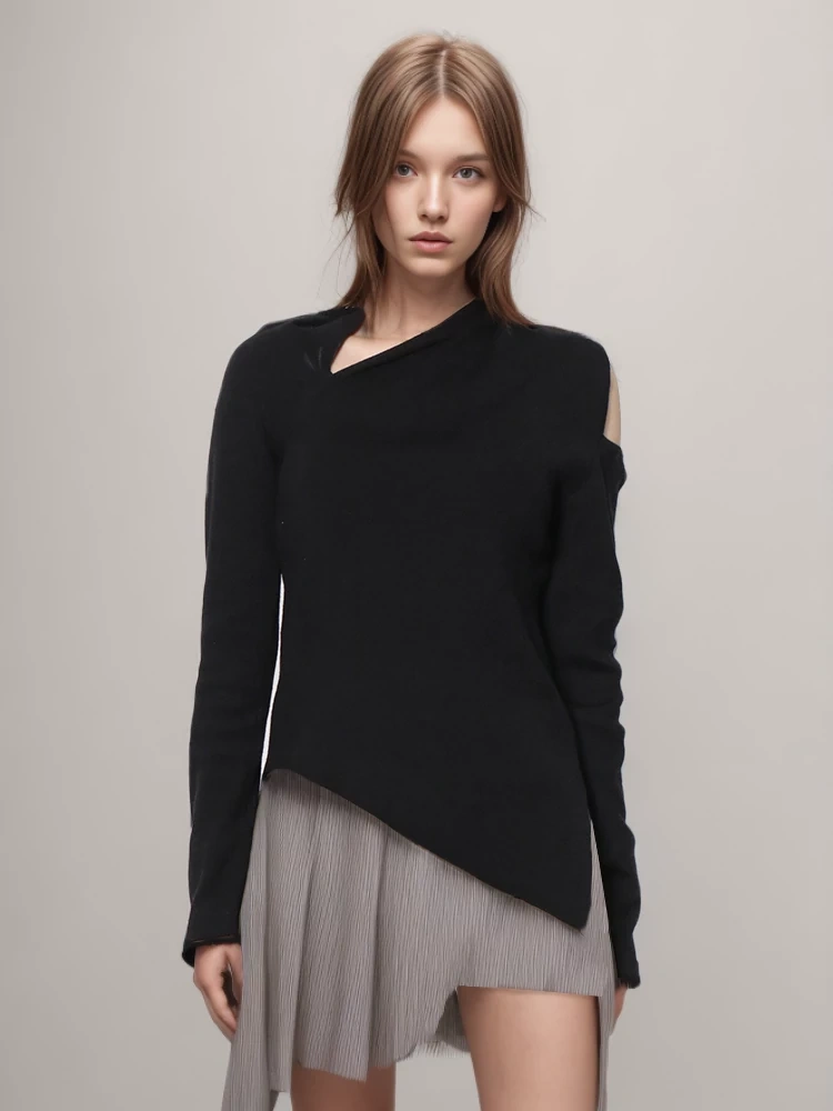 TWOTWINSTYLE  Black Slimming  Sweater For Women Irregular Collar Long Sleeve Clothing