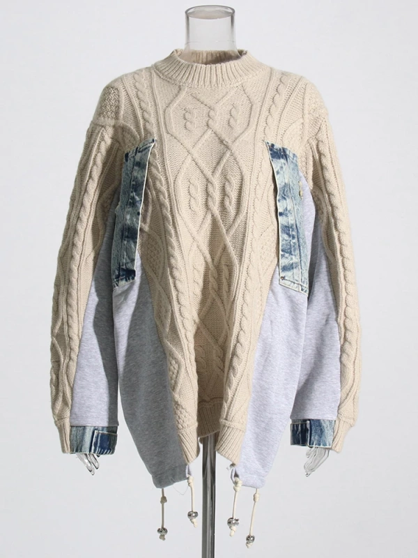 TWOTWINSTYLE Denim Patchwork Round Neck Long-sleeved  Women Sweater