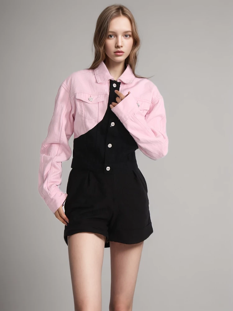 TWOTWINSTYLE Patchwork Button Denim Coats For Women Lapel Long Sleeve Casual Slimming Clothing