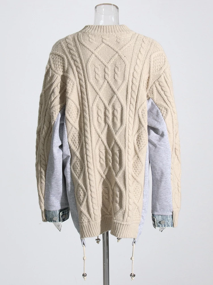 TWOTWINSTYLE Denim Patchwork Round Neck Long-sleeved  Women Sweater