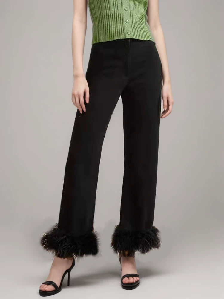TWOTWINSTYLE  Patchwork Feathers Denim Pants For Women High Waist Long Straight Jeans Clothing