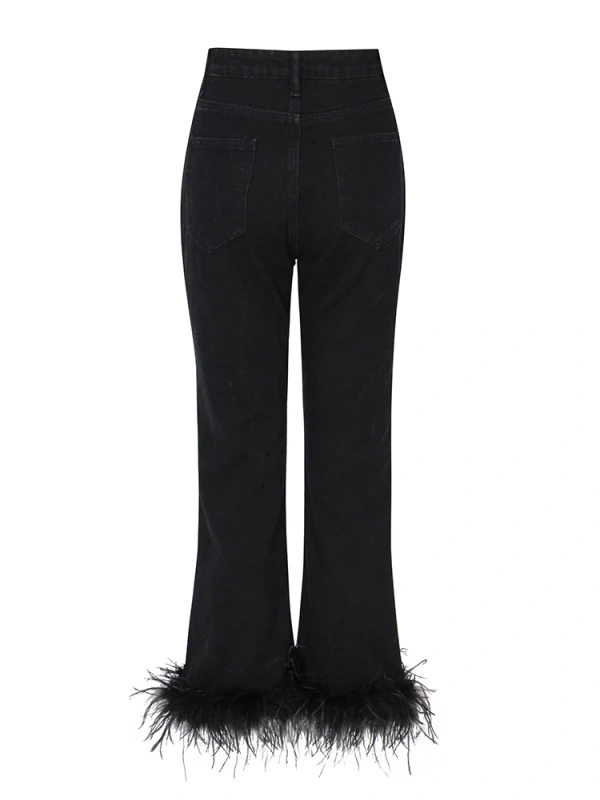 TWOTWINSTYLE  Patchwork Feathers Denim Pants For Women High Waist Long Straight Jeans Clothing
