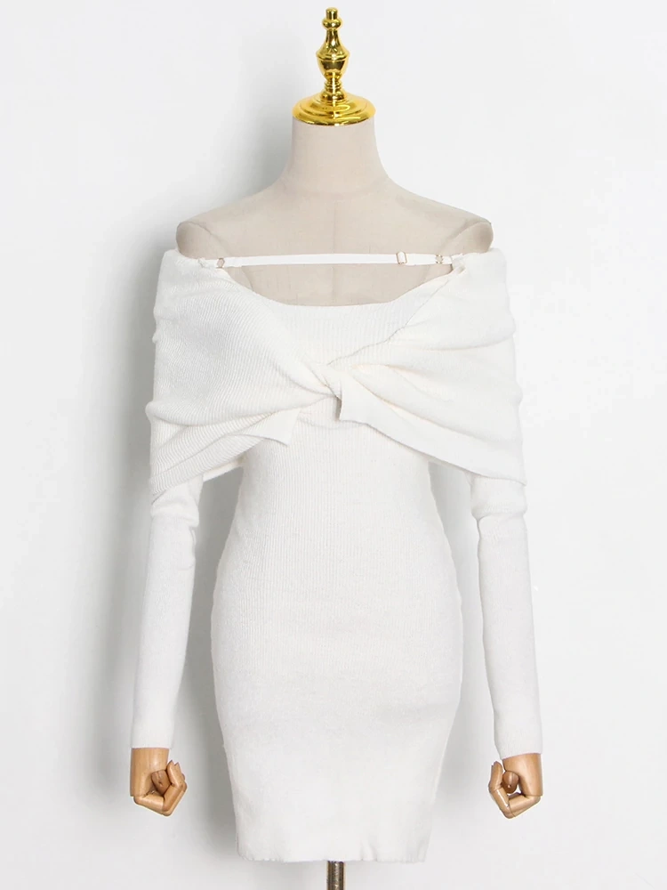 TWOTWINSTYLE Knitting Mini Dress For Women Slash Neck Long Sleeve  Clothing Autumn New