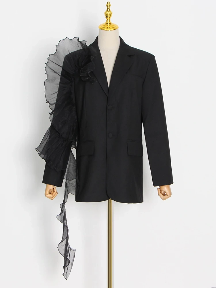 TWOTWINSTYLE Spliced Mesh  Blazer For Women Notched Collar Long Sleeve Autum Asymmetrical Fashion  Clothing