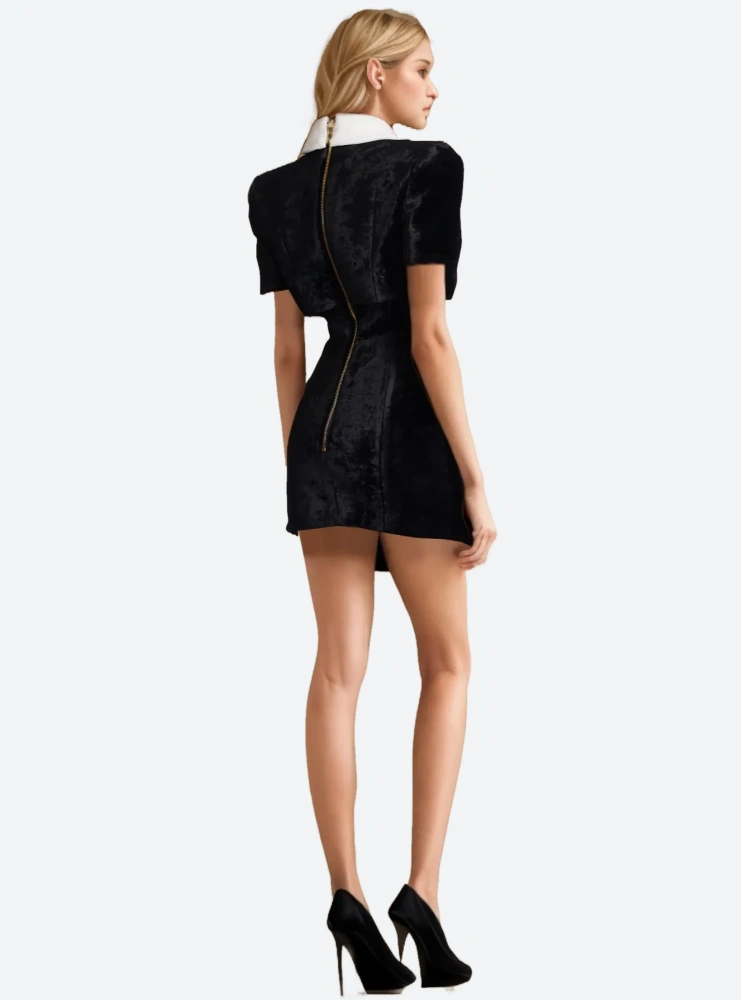 TWOTWINSTYLE  Slimming Dress For Women V Neck Short Sleeve High Waist Patchwork Button Fashion Clothing