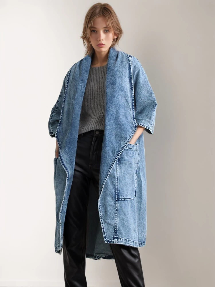 TWOTWINSTYLE  Denim Windbreasker For Women Lapel Long Sleeve Patchwork Pocket Fashion Clothing
